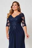 Vestido Mae Noiva com Renda Decote em V Bainha Marinha Chiffon Longo Tamanhos Grandes