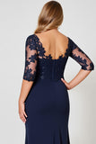 Vestido Mae Noiva com Renda Decote em V Bainha Marinha Chiffon Longo Tamanhos Grandes