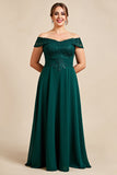 Vestido Mae Noiva com Renda Pinheiro Fora do Ombro Bainha Chiffon Tamanhos Grandes Longo