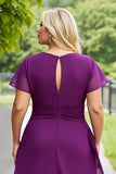 Vestido Mãe da Noiva Roxo Bainha Chiffon Midi Tamanhos Grandes Ruched