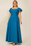 Vestido Mae Noiva Pavão Azul Pescoço Quadrado Cetim Tamanhos Grandes Longo