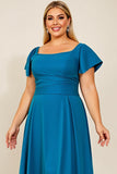 Vestido Mae Noiva Pavão Azul Pescoço Quadrado Cetim Tamanhos Grandes Longo