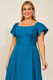 Vestido Mae Noiva Pavão Azul Pescoço Quadrado Cetim Tamanhos Grandes Longo