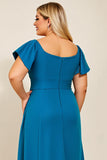 Vestido Mae Noiva Pavão Azul Pescoço Quadrado Cetim Tamanhos Grandes Longo