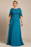 Vestido Mae Noiva com Renda Pavão Azul Linha-A Chiffon Tamanhos Grandes
