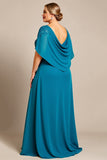 Vestido Mae Noiva com Renda Pavão Azul Linha-A Chiffon Tamanhos Grandes