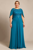 Vestido Mae Noiva com Renda Pavão Azul Linha-A Chiffon Tamanhos Grandes
