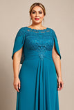Vestido Mae Noiva com Renda Pavão Azul Linha-A Chiffon Tamanhos Grandes