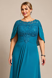 Vestido Mae Noiva com Renda Pavão Azul Linha-A Chiffon Tamanhos Grandes