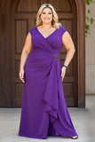 Bainha Roxo Decote em V Chiffon Tamanhos Grandes Longos Vestido Mae Noiva