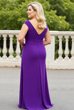 Bainha Roxo Decote em V Chiffon Tamanhos Grandes Longos Vestido Mae Noiva