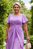 Lilás Chiffon Ruched Midi Tamanhos Grandes Vestido Mãe da Noiva