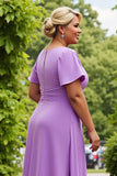 Lilás Chiffon Ruched Midi Tamanhos Grandes Vestido Mãe da Noiva