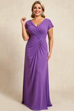 Bainha Roxo Decote em V Chiffon Tamanhos Grandes Longos Vestido Mae Noiva