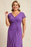 Bainha Roxo Decote em V Chiffon Tamanhos Grandes Longos Vestido Mae Noiva