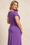 Bainha Roxo Decote em V Chiffon Tamanhos Grandes Longos Vestido Mae Noiva