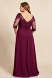 Borgonha Decote em V Chiffon Tamanhos Grandes Longos Vestido Mae Noiva