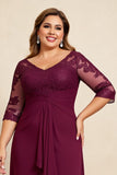 Borgonha Decote em V Chiffon Tamanhos Grandes Longos Vestido Mae Noiva