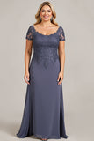 Pescoço Redondo Crepúsculo Chiffon Tamanhos Grandes Vestido Mae Noiva com Renda