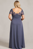 Pescoço Redondo Crepúsculo Chiffon Tamanhos Grandes Vestido Mae Noiva com Renda