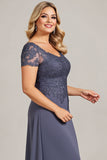 Pescoço Redondo Crepúsculo Chiffon Tamanhos Grandes Vestido Mae Noiva com Renda