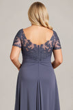 Pescoço Redondo Crepúsculo Chiffon Tamanhos Grandes Vestido Mae Noiva com Renda