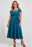 Pavão Azul Linha-A Chiffon Midi Tamanhos Grandes Vestido Mae Noiva