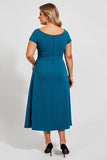 Pavão Azul Linha-A Chiffon Midi Tamanhos Grandes Vestido Mae Noiva