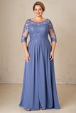 Azul Cinzento Linha-A Tamanhos Grandes Longos Vestido Mae Noiva com Renda