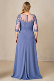 Azul Cinzento Linha-A Tamanhos Grandes Longos Vestido Mae Noiva com Renda