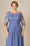 Azul Cinzento Linha-A Tamanhos Grandes Longos Vestido Mae Noiva com Renda