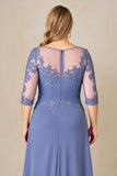 Azul Cinzento Linha-A Tamanhos Grandes Longos Vestido Mae Noiva com Renda