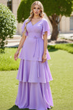 Lilás Linha-A Decote em V Mangas Curtas Longos Vestidos de Damas de Honor