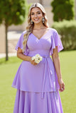 Lilás Linha-A Decote em V Mangas Curtas Longos Vestidos de Damas de Honor