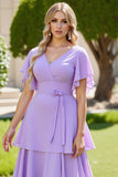 Lilás Linha-A Decote em V Mangas Curtas Longos Vestidos de Damas de Honor