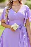 Lilás Linha-A Decote em V Mangas Curtas Longos Vestidos de Damas de Honor