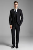 Slim Fit Plaid Notched Lapela 3 Peças Ternos Masculinos Pretos