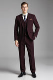 Borgonha 3 Peças Xadrez Notched Lapela Slim Fit Ternos Masculinos