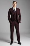 Borgonha 3 Peças Xadrez Notched Lapela Slim Fit Ternos Masculinos