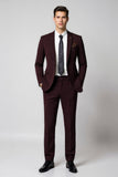 Borgonha Notched Lapela 2 Peças Slim Fit Fato Homem