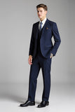 Navy Notched Lapel Slim Fit 3 Peças Pinstripe Fato Homem
