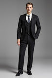 Preto Sólido Slim Fit Notched Lapela 3 Peças Fato Homem