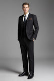 Preto Sólido Slim Fit Notched Lapela 3 Peças Fato Homem