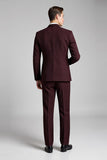 Borgonha Plaid Notched Lapela 3 Peças Fato Homem