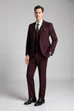Borgonha Plaid Notched Lapela 3 Peças Fato Homem