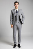 Slim Fit Notched Lapela 3 Peças Plaid Cinzento Fato Homem