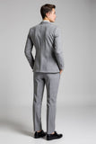 Slim Fit Notched Lapela 3 Peças Plaid Cinzento Fato Homem
