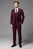 Borgonha 3 Piece Notched lapela Single Breasted Fato Homem