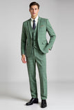 Cinzento Verde Xadrez 3 Peças Notched Lapela Fato Homem