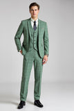 Cinzento Verde Xadrez 3 Peças Notched Lapela Fato Homem